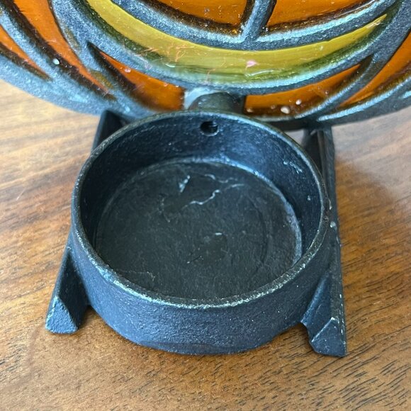 Vintage Jack-O-Lantern Tea Light Holder | Stained Glass & Cast-Iron Halloween - Picture 6 of 10